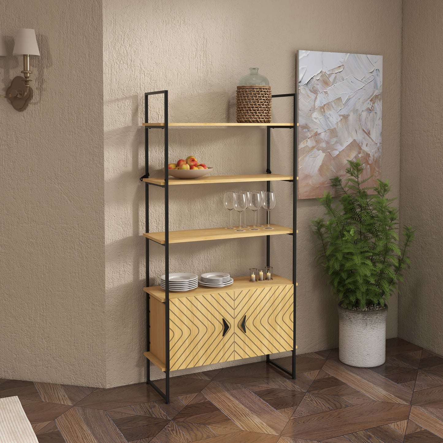 HOMCOM 4-Tier Metal Display Shelf with Double Door Cabinet & Metal Frame for Living Room, Bedroom-Oak Tone