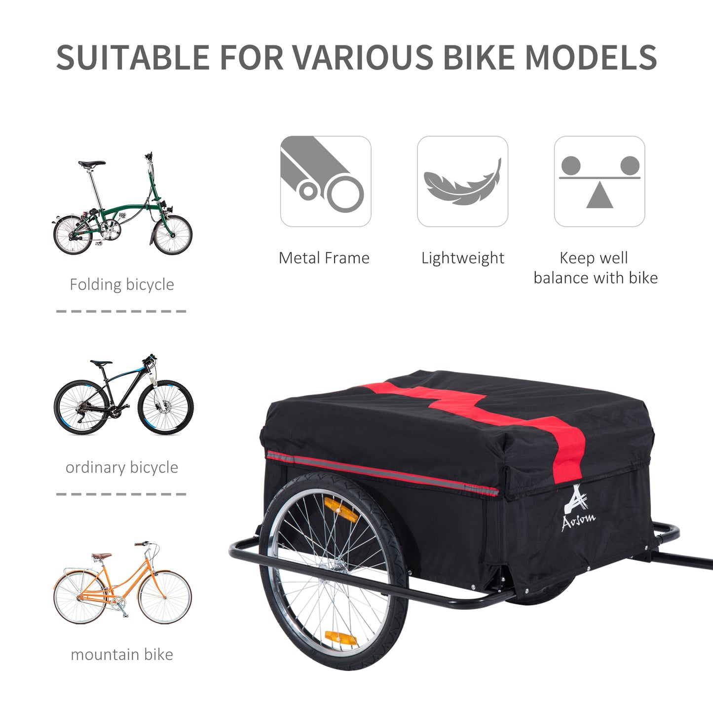 HOMCOM Bike Trailer Folding Cargo in Steel Frame Extra Bicycle Storage Carrier W/Removable Cover & Hitch-Red/Black
