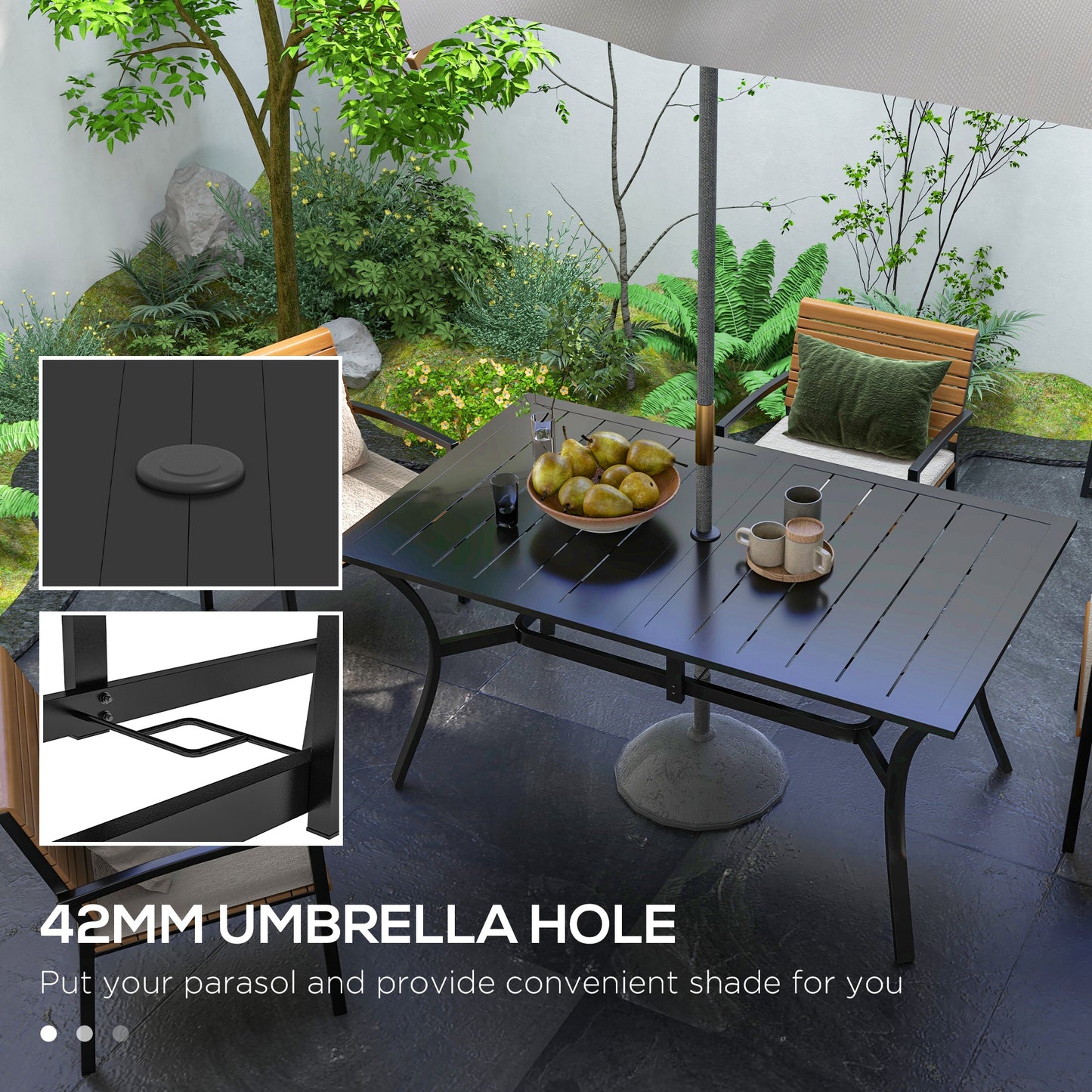 Outsunny Rectangle Garden Dining Table with Parasol Hole, Patio Table with Steel Frame and Slat Tabletop, 150cm x 90cm, Black