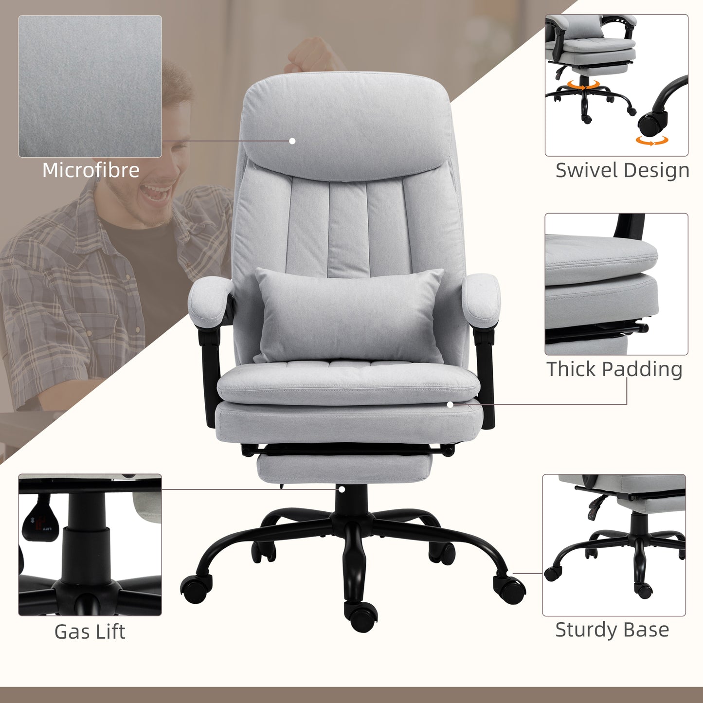 Vinsetto Microfibre Vibration Massage Office Chair, Heated Reclining Computer Chair with Footrest - Cream White