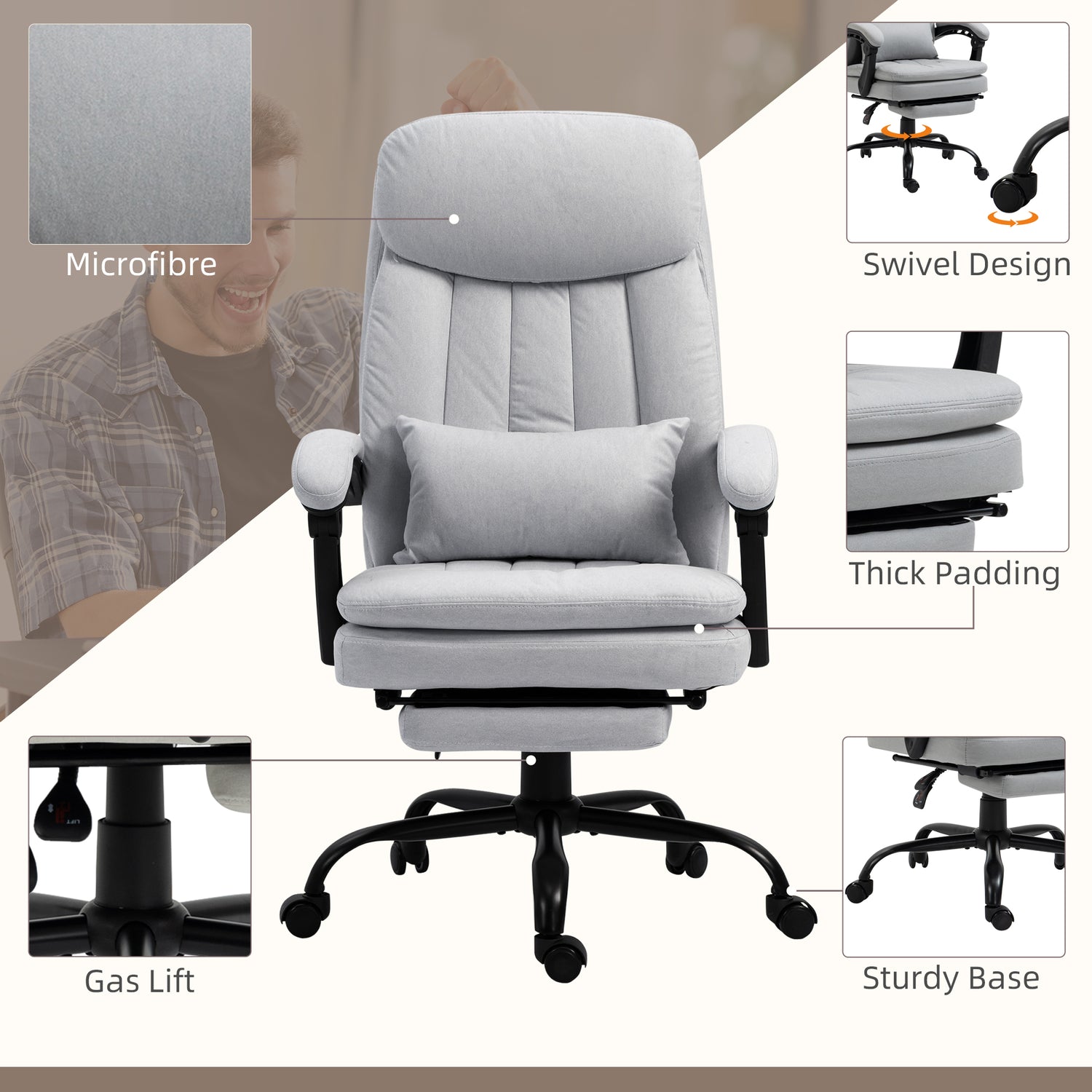 Vinsetto Vibration Massage Office Chair with Heat, Lumbar Pillow, Footrest, Microfibre Comfy Computer Chair, Gray