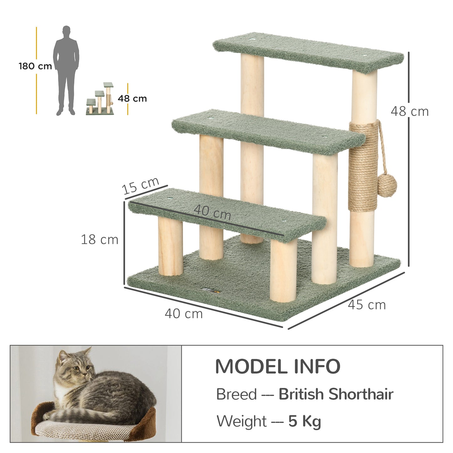 PawHut 48cm Cat Tree, 3-Layer Kitty Ladder, Cat Climbing Toy, Cat Tower with Ball Toy Jute Scratching Post, Green