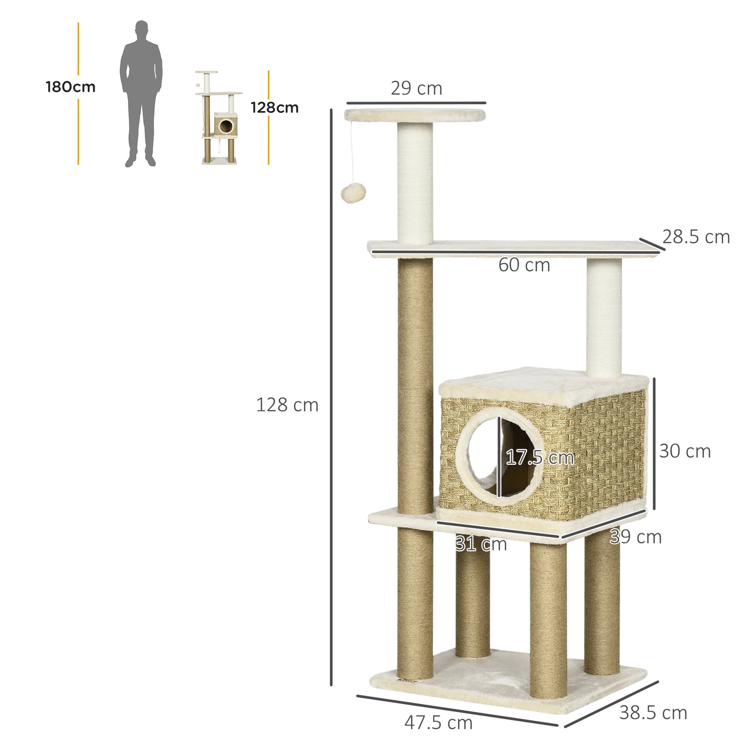 PawHut Cat Tree, Climbing Kitten Cat Tower Activity Center for Indoor Cats with Jute Scratching Post, Beige