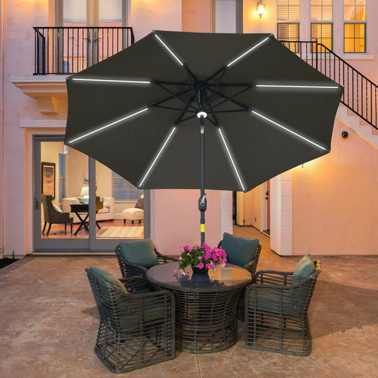 Outsunny 2.7m Garden Parasol Sun Umbrella Patio Summer Shelter w/ LED Solar Light, Angled Canopy Vent, Crank Tilt, Grey Light