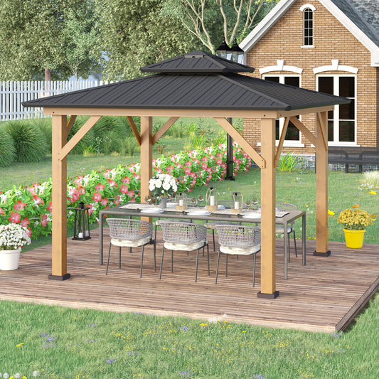 Outsunny 3.5 x 3.5m Outdoor Garden Hardtop Gazebo Canopy with 2-Tier Roof and Solid Wood Frame Outdoor Patio Shelter for Patio, Garden, Grey