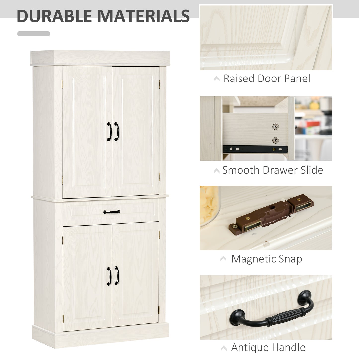 HOMCOM Kitchen Cupboard with 4 Doors, Freestanding Storage Cabinet with Wide Drawer and Shelves for Living Room, 180cm, White Wood Grain