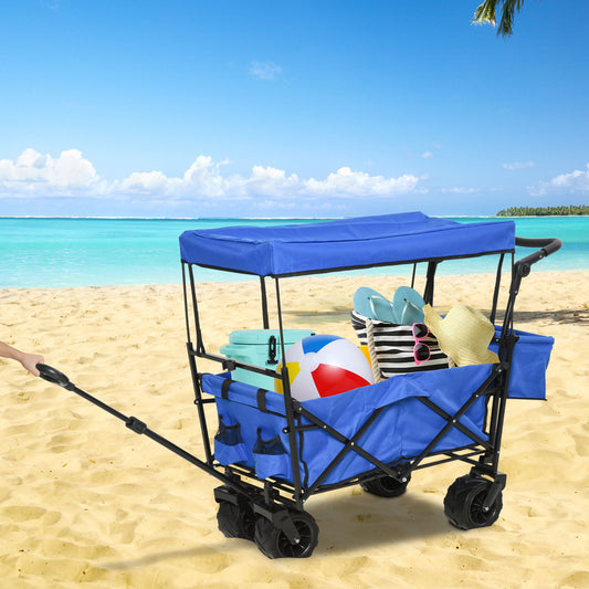 DURHAND Folding Trolley Cart Storage Wagon Beach Trailer 4 Wheels with Handle Overhead Canopy Cart Push Pull For Shopping Camping Garden - Blue