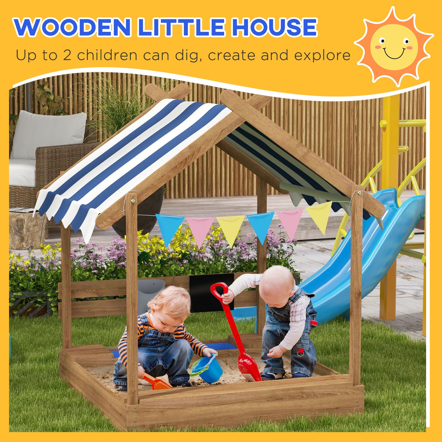Outsunny Wooden Sandbox with Canopy House Design Brown