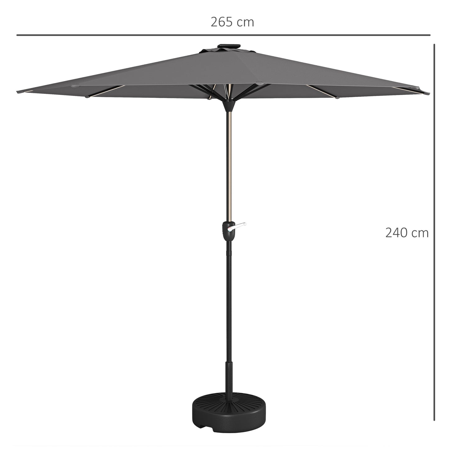 Outsunny Garden Parasol with LED Lights, Solar Charged Patio Umbrella with Crank Handle, for Outdoor, Charcoal Grey