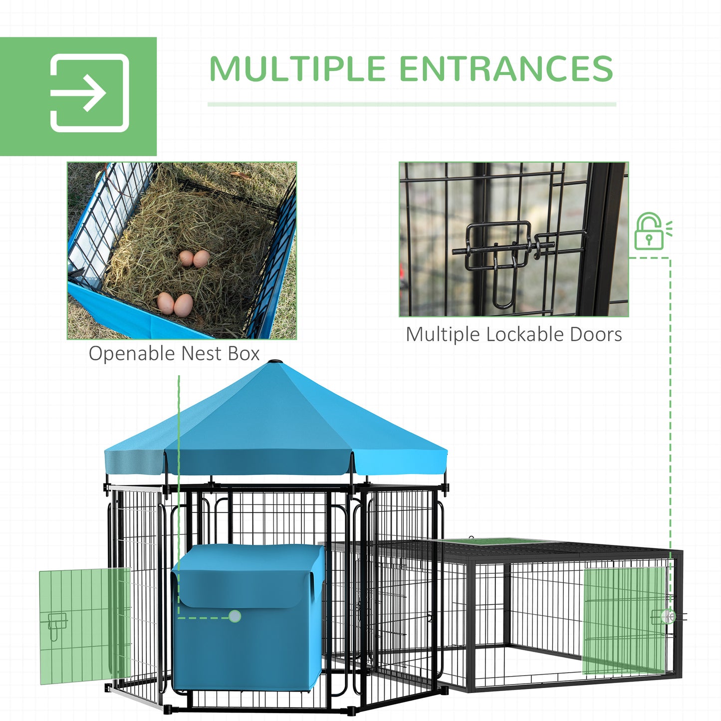 PawHut Steel Chicken Coop, Outdoor Hexagonal Hen House, Heavy-Duty Detachable Poultry Cage w/ Water-Resistant Canopy, Run, Nesting Box - Blue