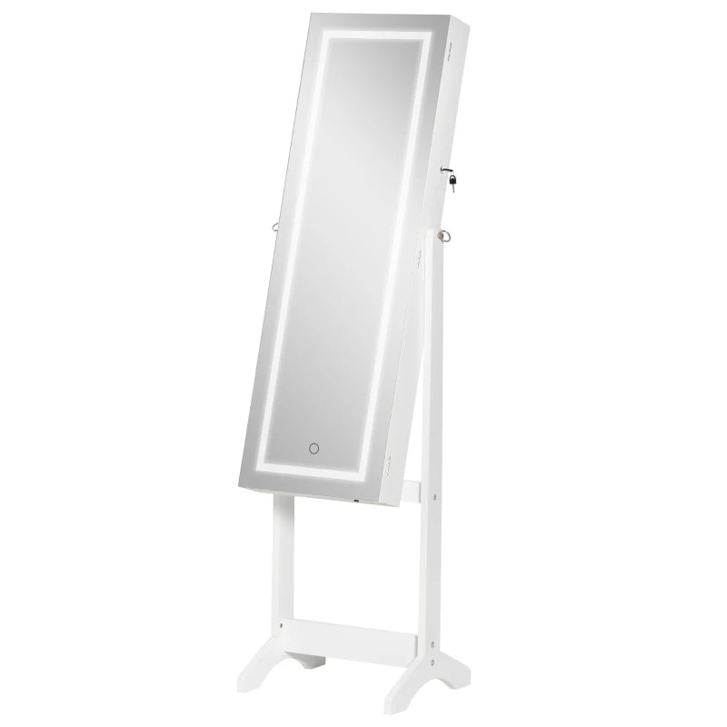 HOMCOM Jewellery Cabinet with LED Light, Lockable Jewellery Organiser with Full-Length Mirror for Bedroom Dressing Room, White
