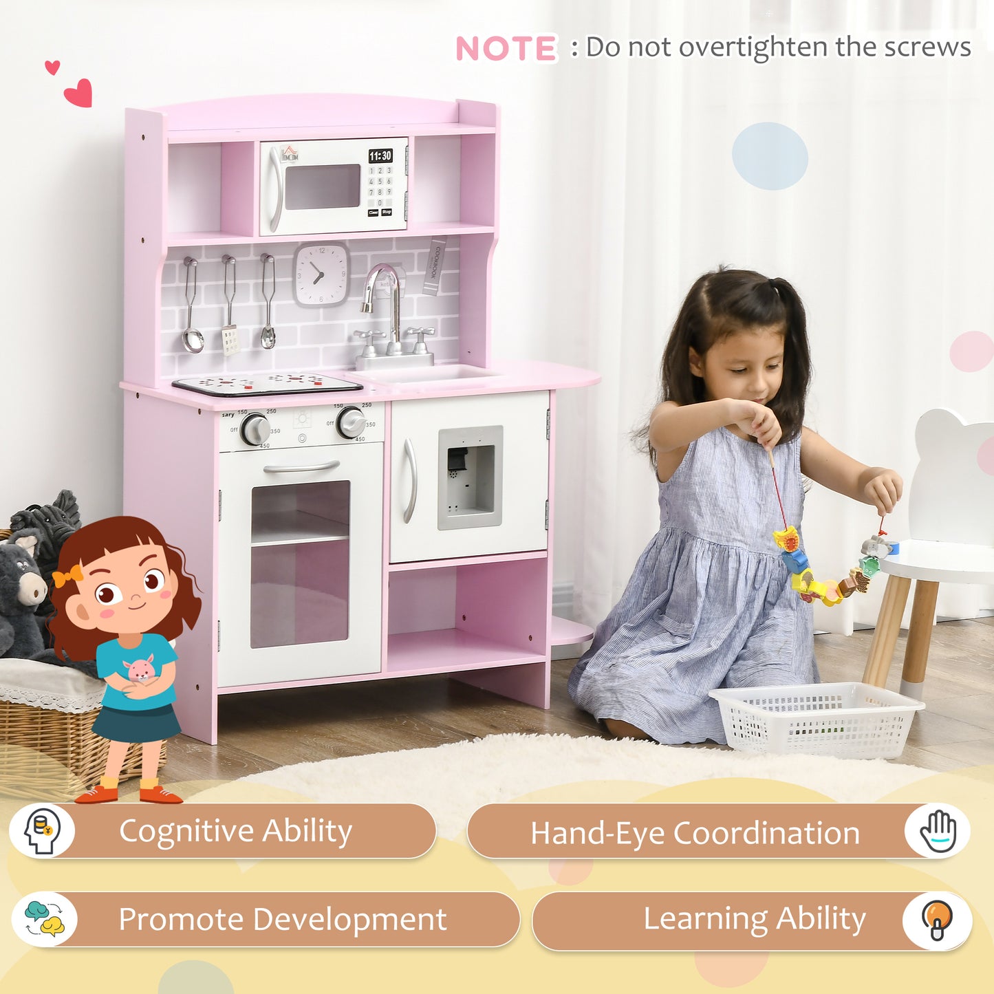 HOMCOM Wooden Play Kitchen with Lights Sounds Pink 70 x 29 x 90 cm