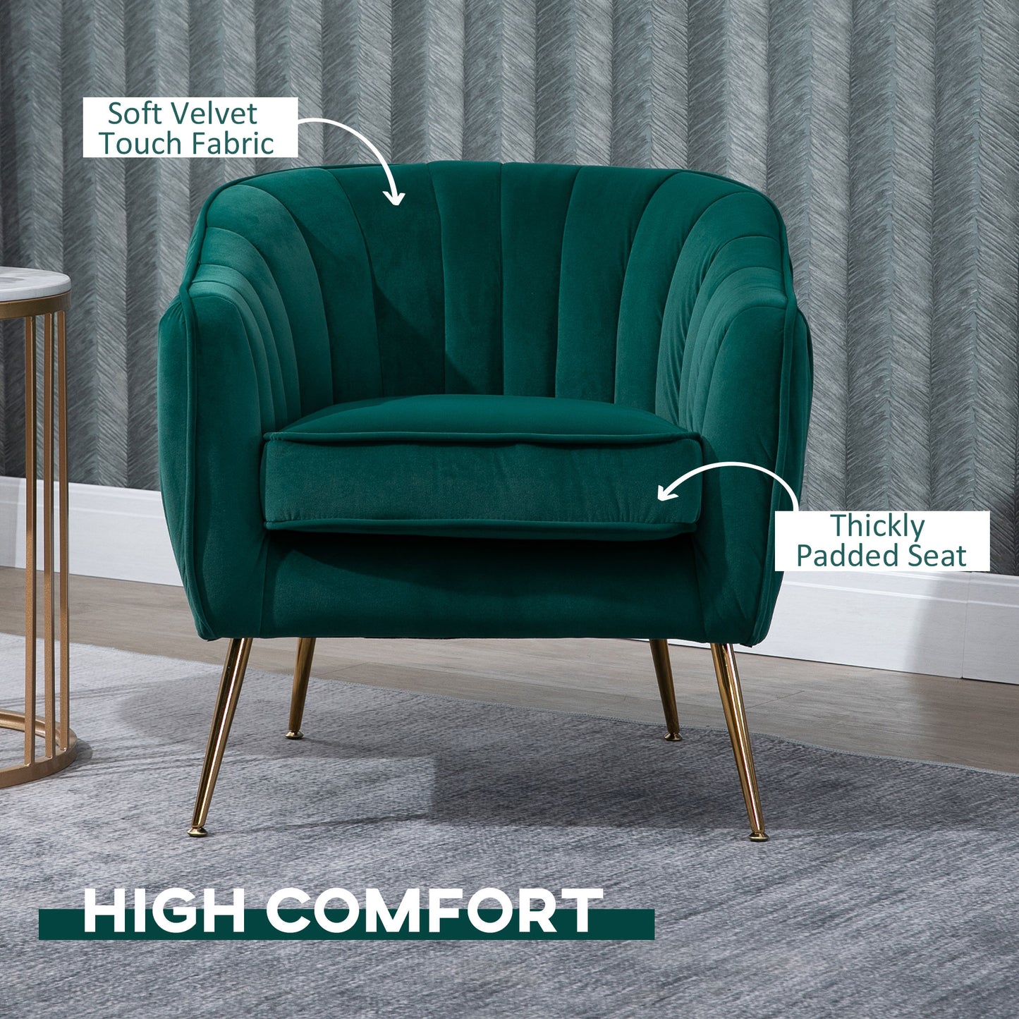 HOMCOM Velvet Armchair Tub chair with Golden Metal Leg Living Room Furniture Green