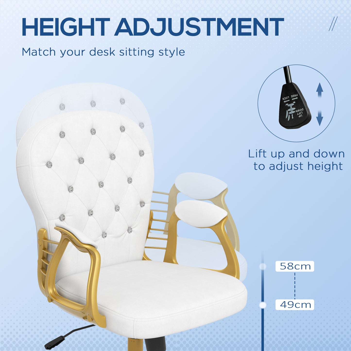 Vinsetto Height Adjustable Home Office Chair Button Tufted Computer Chair with Padded Armrests and Tilt Function Cream White