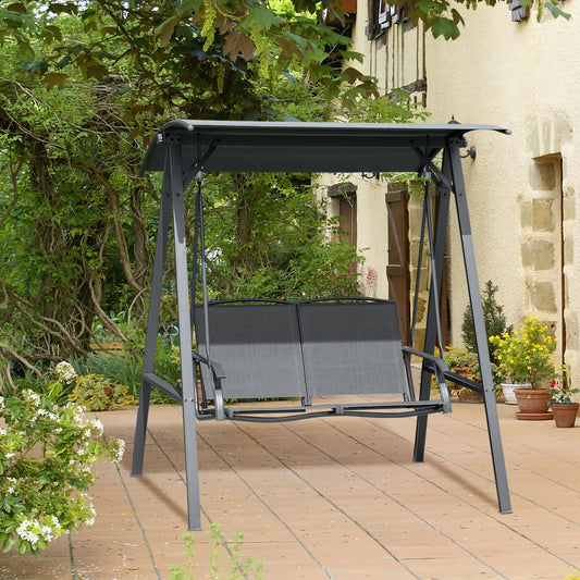 Outsunny 2 Seater Garden Swing Chair, Outdoor Canopy Swing Bench with Adjustable Shade and Metal Frame, Dark Grey