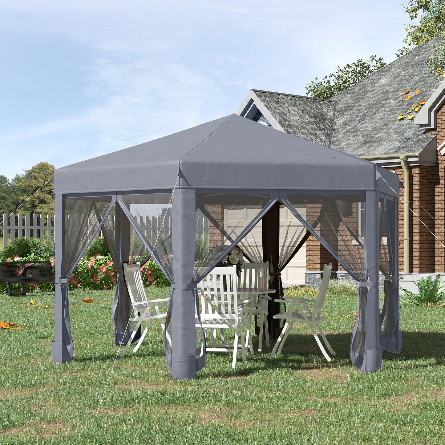 Outsunny 3.2m Pop Up Gazebo Hexagonal Canopy Tent Outdoor Mesh Sidewalls Bag Dark Grey