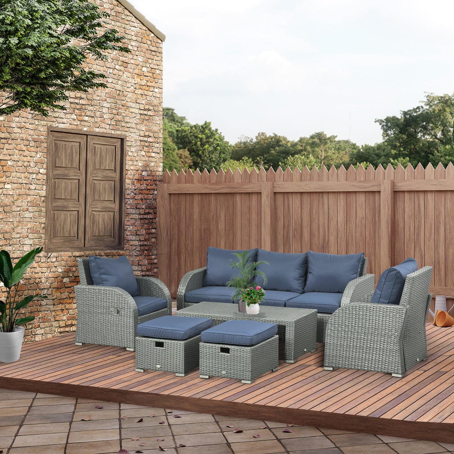 Outsunny 6pc Outdoor Rattan Wicker Furniture Set with 3-Seat Sofa, 2 Single Sofas, 2 Footstools and Coffee Table