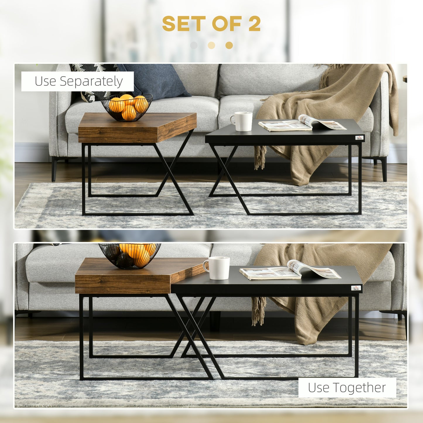 HOMCOM Coffee Table Set of 2, Geometric Coffee Table with Spacious Legroom, Steel Frame and Thick Tabletop, Industrial Coffee Tables for Living Room, Rustic Brown