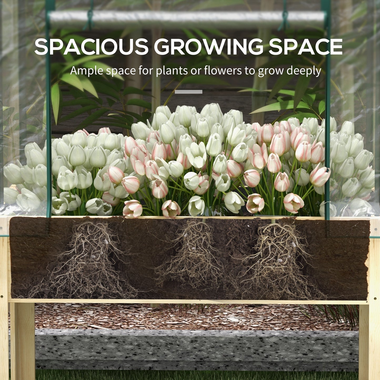 Outsunny Wooden Planter Box with Greenhouse Cover and Bed Liner Raised Garden Bed for Vegetables Flowers Herbs