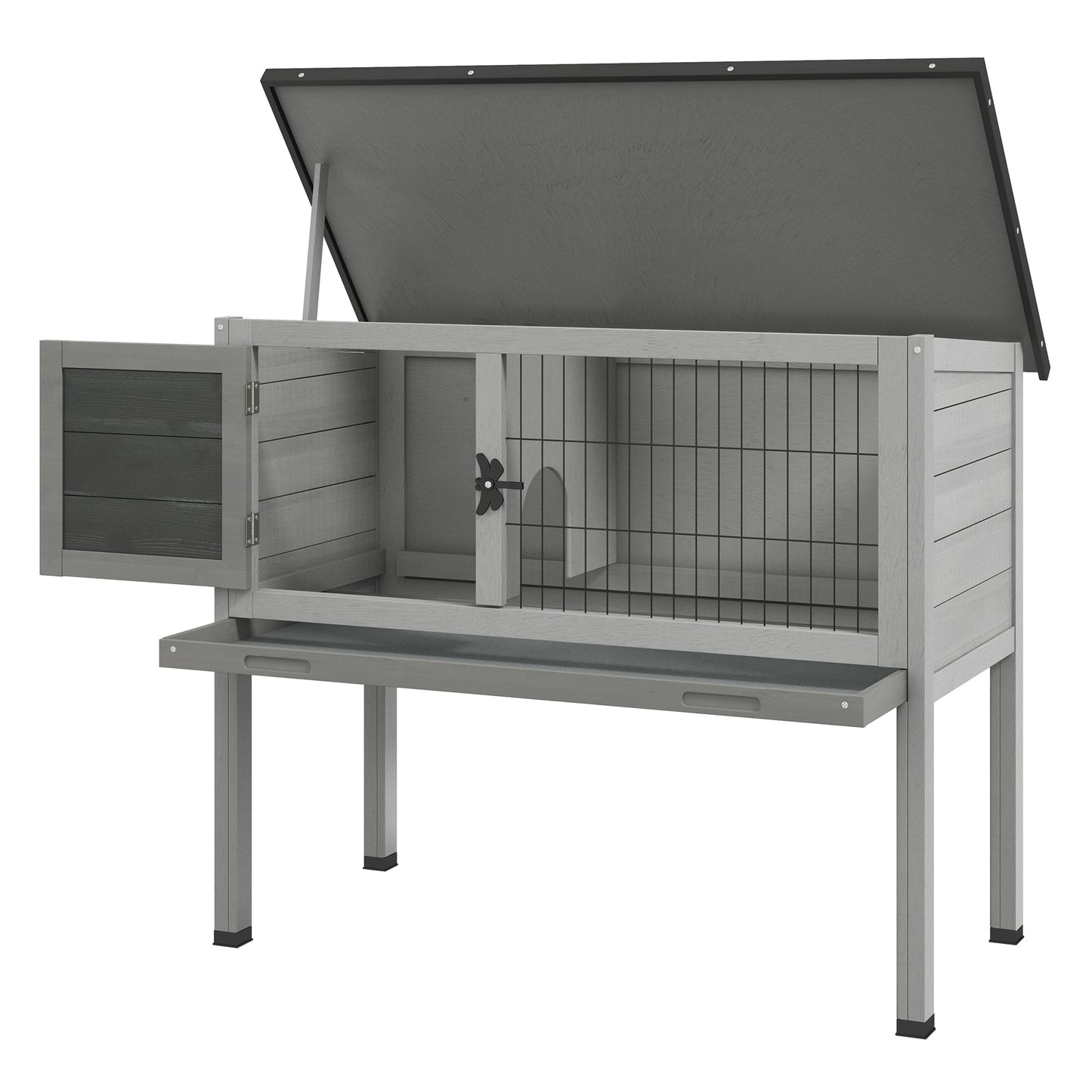 PawHut Wooden Rabbit Hutch Guinea Pig Cage with Openable Asphalt Roof Tray Rabbit Cage for Indoor Outdoor Use 84 x 43 x 70 cm Grey