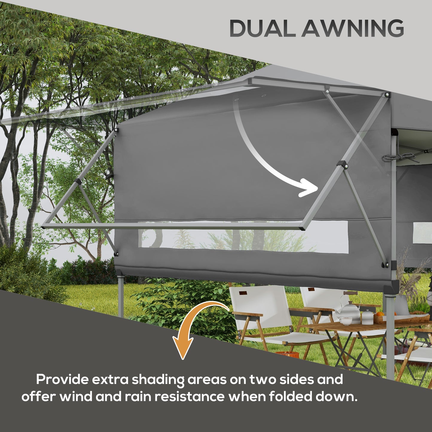 Outsunny 5 x 3(m) Pop Up Gazebo with Extend Dual Awnings, 1 Person Easy up Marquee Party Tent with 1-Button Push, Double Roof, Wheeled Bag, Sandbags, Height Adjustable Instant Shelter, Grey