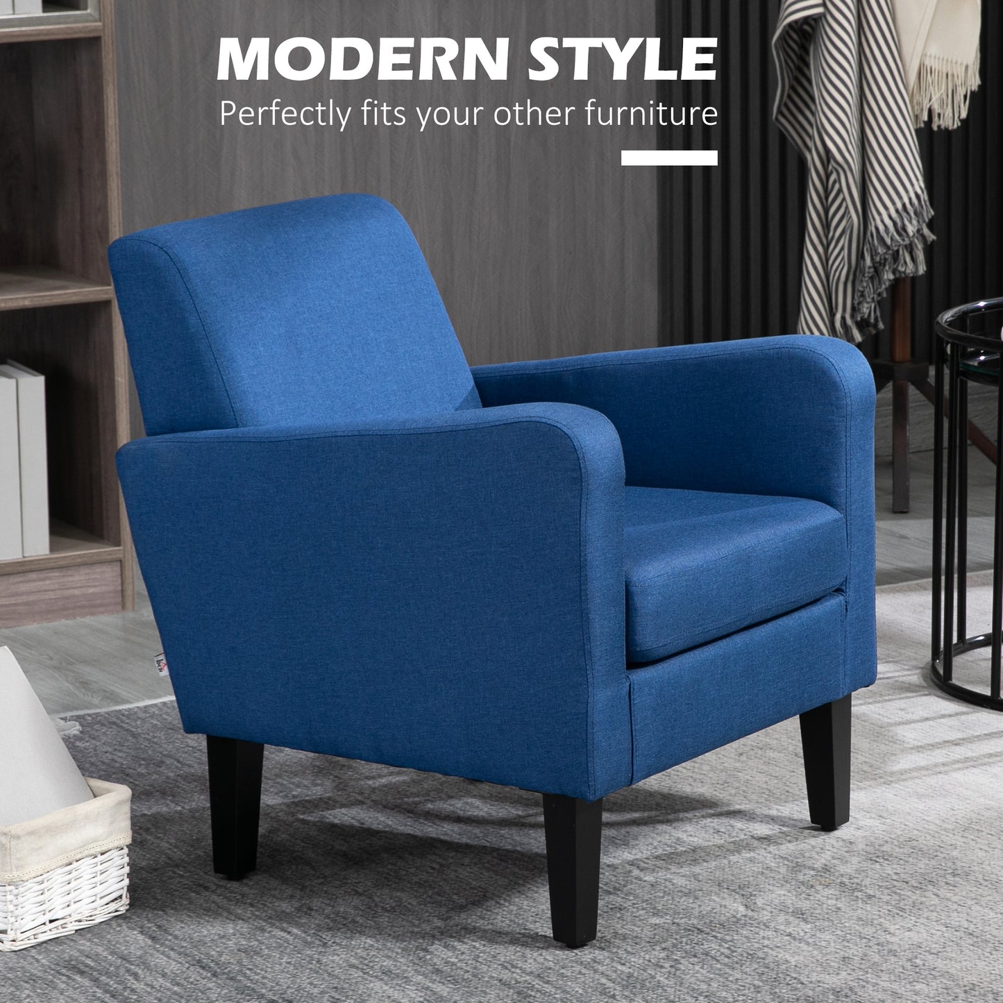 HOMCOM Modern Accent Chair Occasional Chair with Rubber Wood Legs for Living Room Bedroom Blue