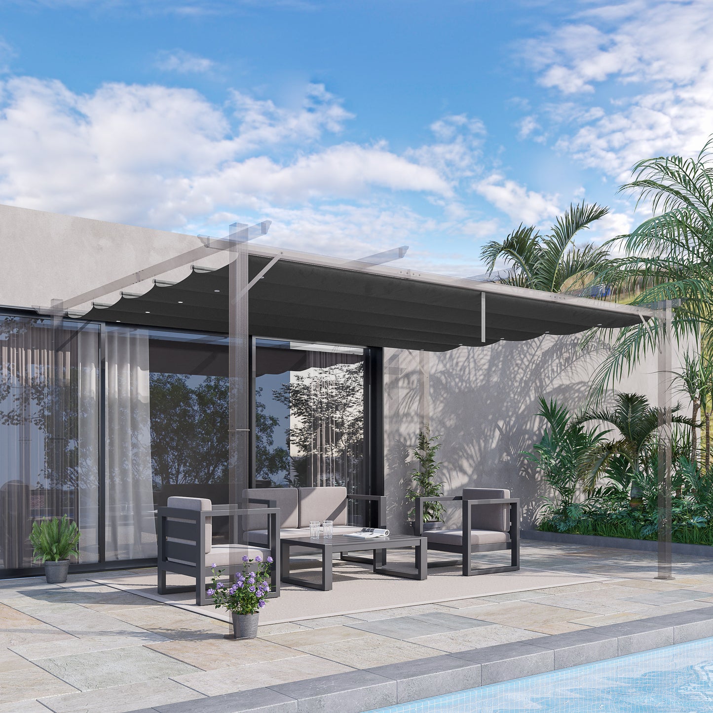 Outsunny Retractable Pergola Shade Cover Replacement Canopy for 4 x 3 (m) Pergola Retractable Roof Dark Grey