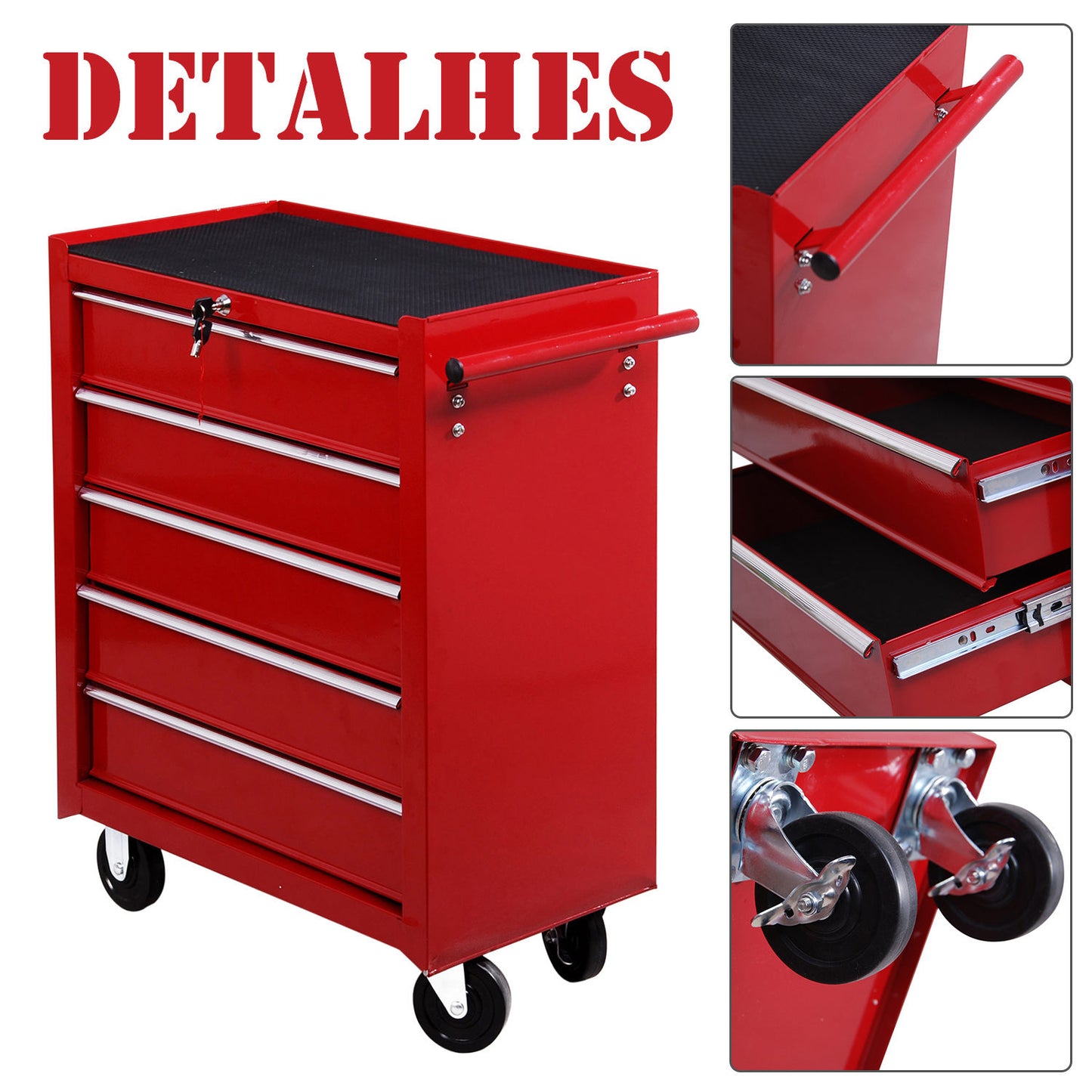 HOMCOM 5 Drawer Tool Chest on Wheels, Lockable Steel Tool Trolley with Side Handle for Workshop, Garage, Red