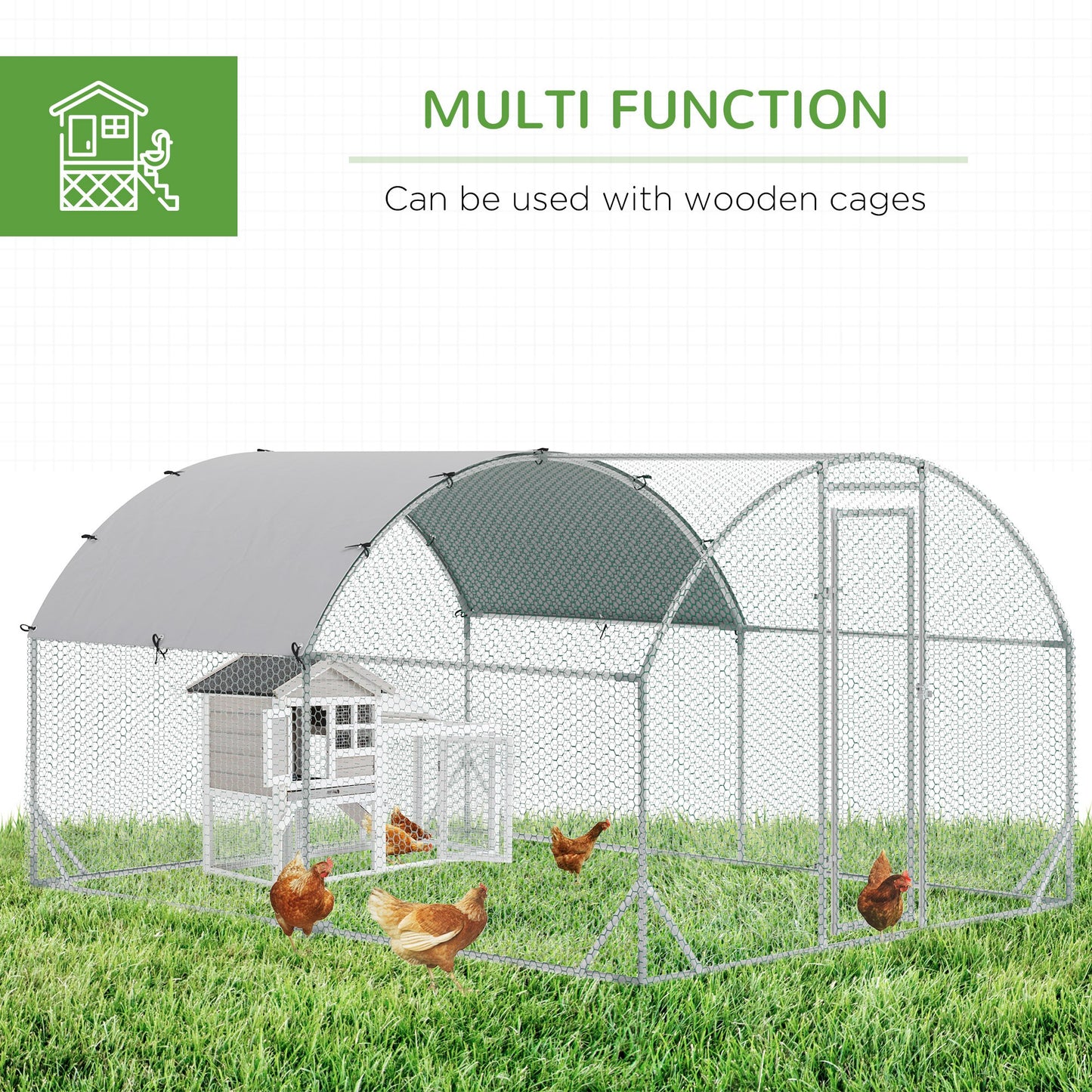 PawHut Walk In Chicken Run Galvanized Chicken Coop Hen Poultry House Cage Rabbit Hutch Pet Playpen Backyard with Water-Resist Cover, 2.8 x 3.8 x 2m