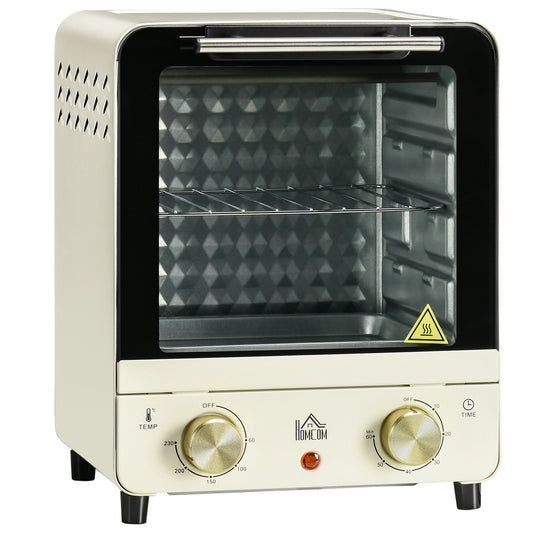 HOMCOM Convection Mini Oven, 15 Litres Electric Oven and Grill with 60-230°C Adjustable Temperature, 60 Minute Timer, Include Baking Tray, Wire Rack and Crumb Tray, 1000W, Cream White