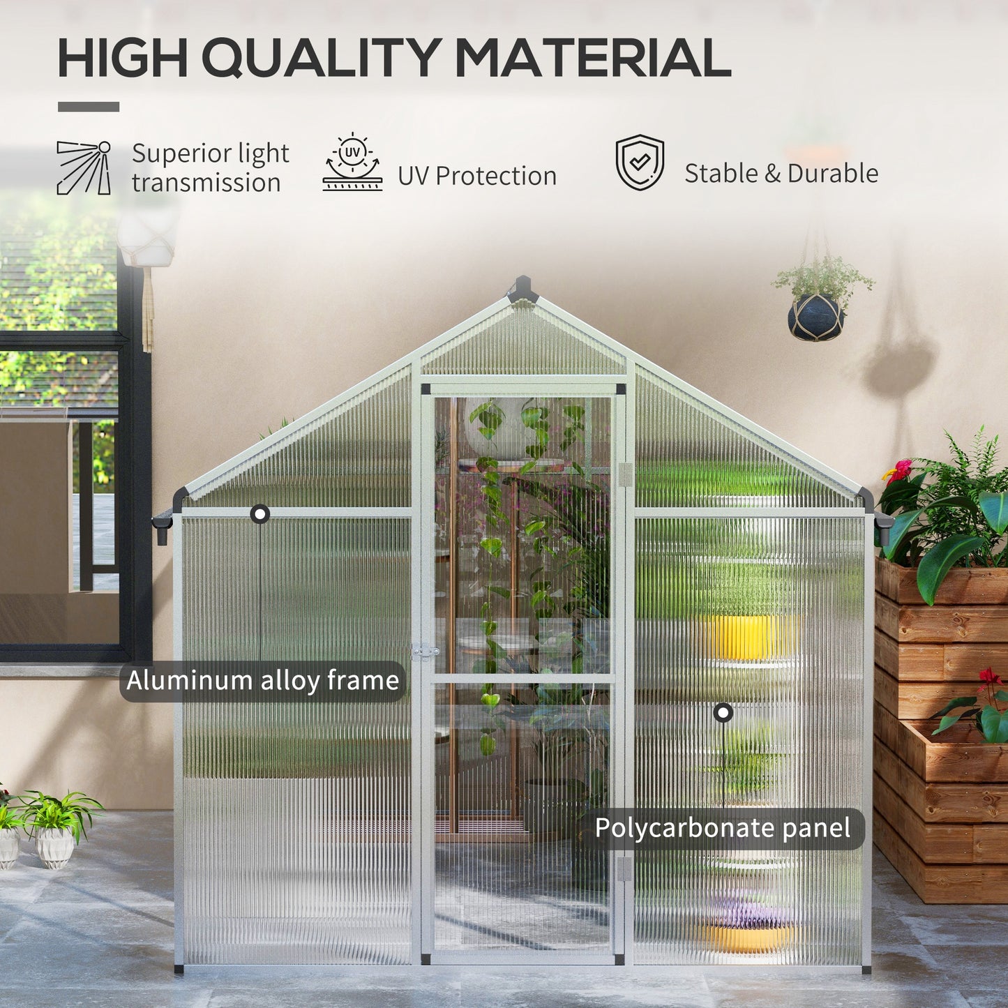 Outsunny 6 x 10ft Polycarbonate Greenhouse with Rain Gutters, Large Walk-In Green House with Door and Window, Garden Plants Grow House with Aluminium Frame and Foundation