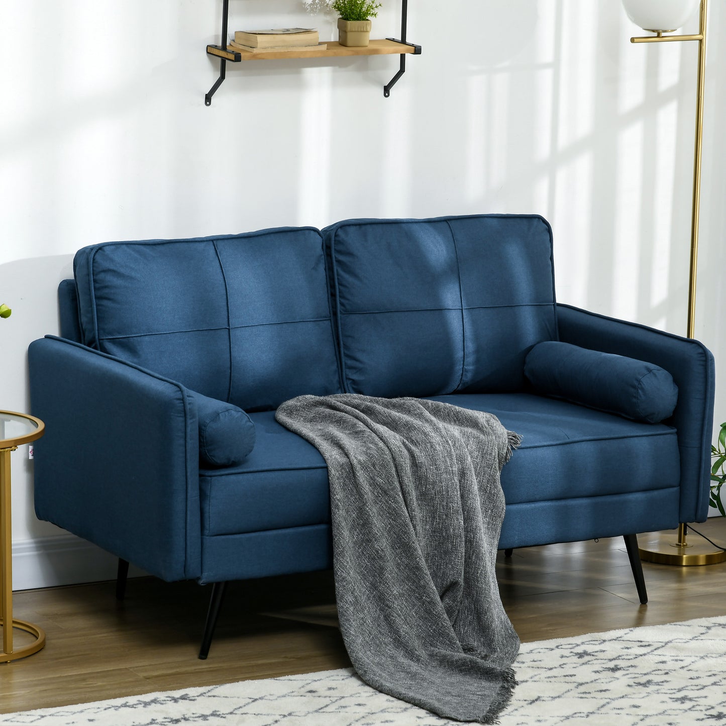 HOMCOM 143cm Loveseat Sofa for Bedroom Upholstered 2 Seater Sofa with Back Cushions and Pillows Blue