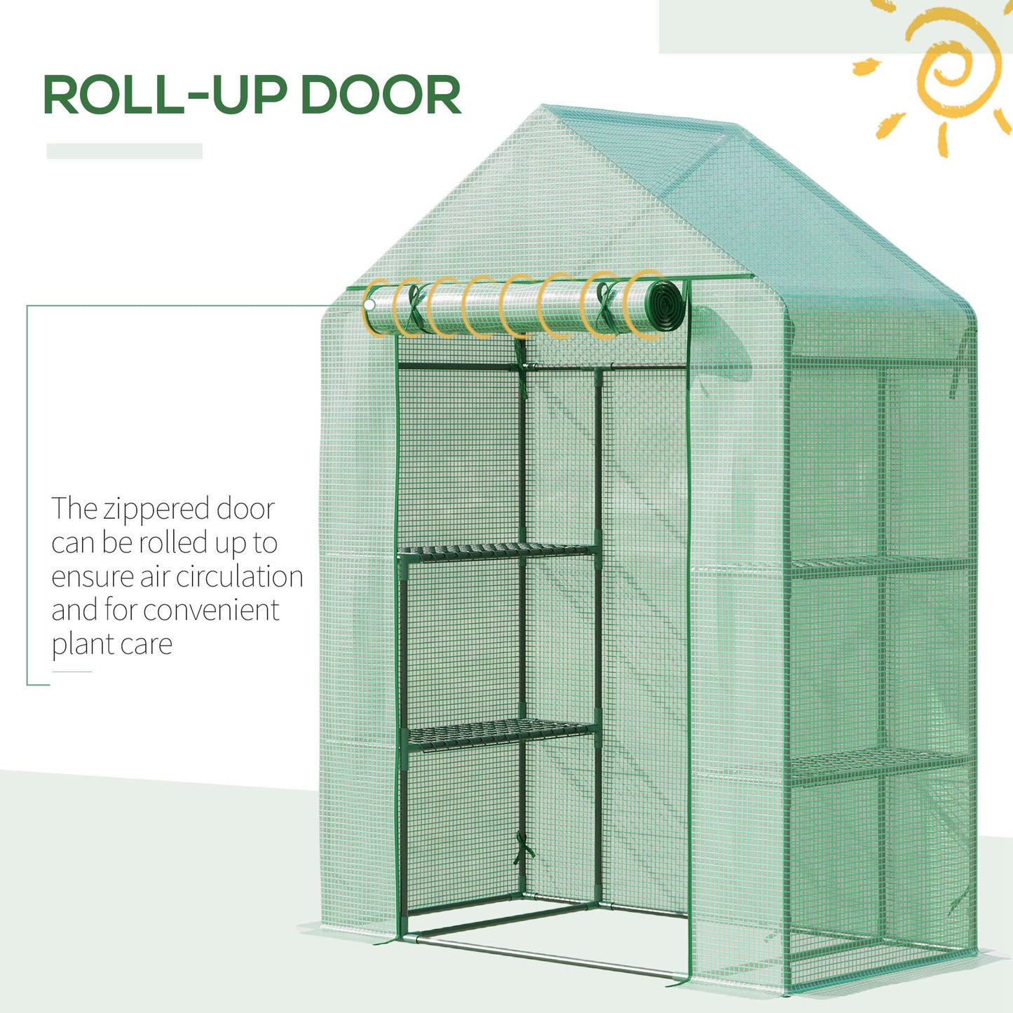 Outsunny Walk In Greenhouse for Outdoor, Portable Gardening Plant Grow House with 2 Tier Shelf, Roll-Up Zippered Door, PE Cover, 141x72x191cm, Green