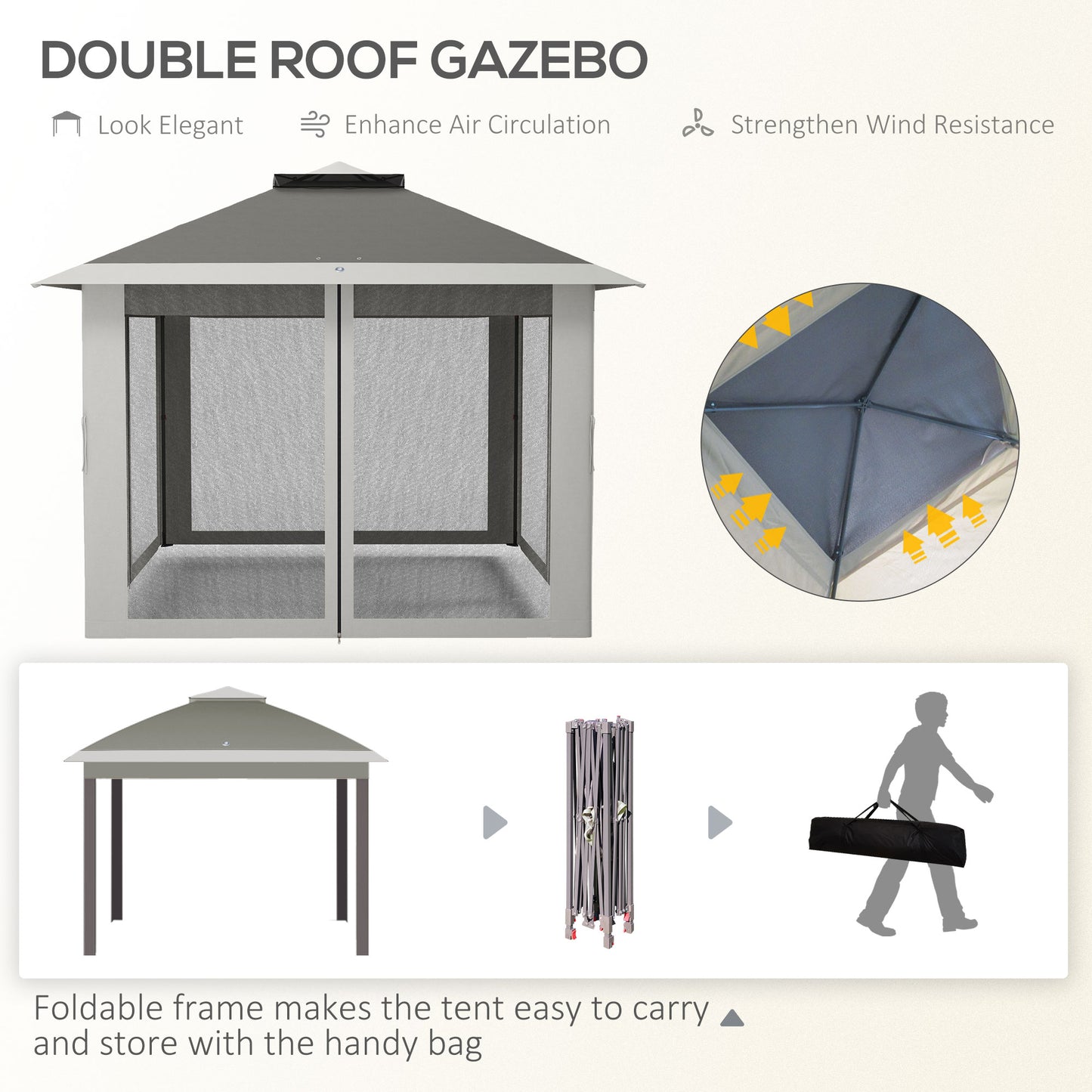 Outsunny Pop Up Canopy Tent with Double Roof, Zipped Mesh Sidewalls, Carrying Bag, Height Adjustable for Patio Garden, Dark Grey