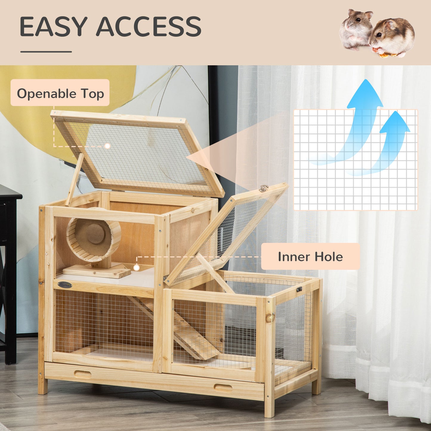 PawHut Wooden Hamster Cage, Mice Rodent Small Animals Kit Hutch, 2 Tiers Exercise Play House, with Sliding Tray, Ladder, Seesaw, Running Wheel, Openable Roofs, 78 x 41.5 x 60 cm, Natural