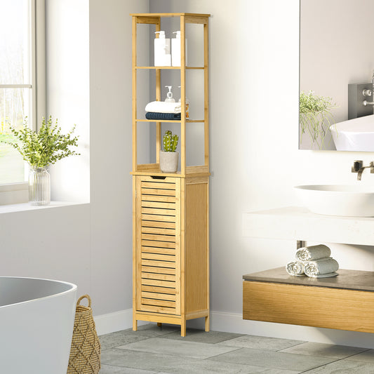 kleankin Bathroom Floor Cabinet with 3 Shelves and Cupboard, Slim and Freestanding Organiser, Tallboy with Storage, Natural