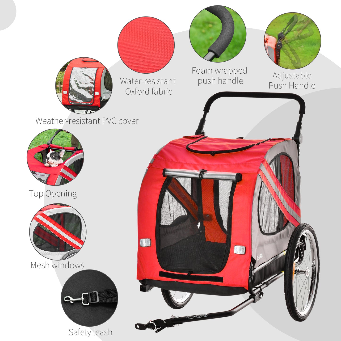 PawHut Dog Bike Trailer 2-in-1 Pet Stroller Cart Bicycle Carrier Attachment for Travel in steel frame with Universal Wheel Reflectors Flag Red w/