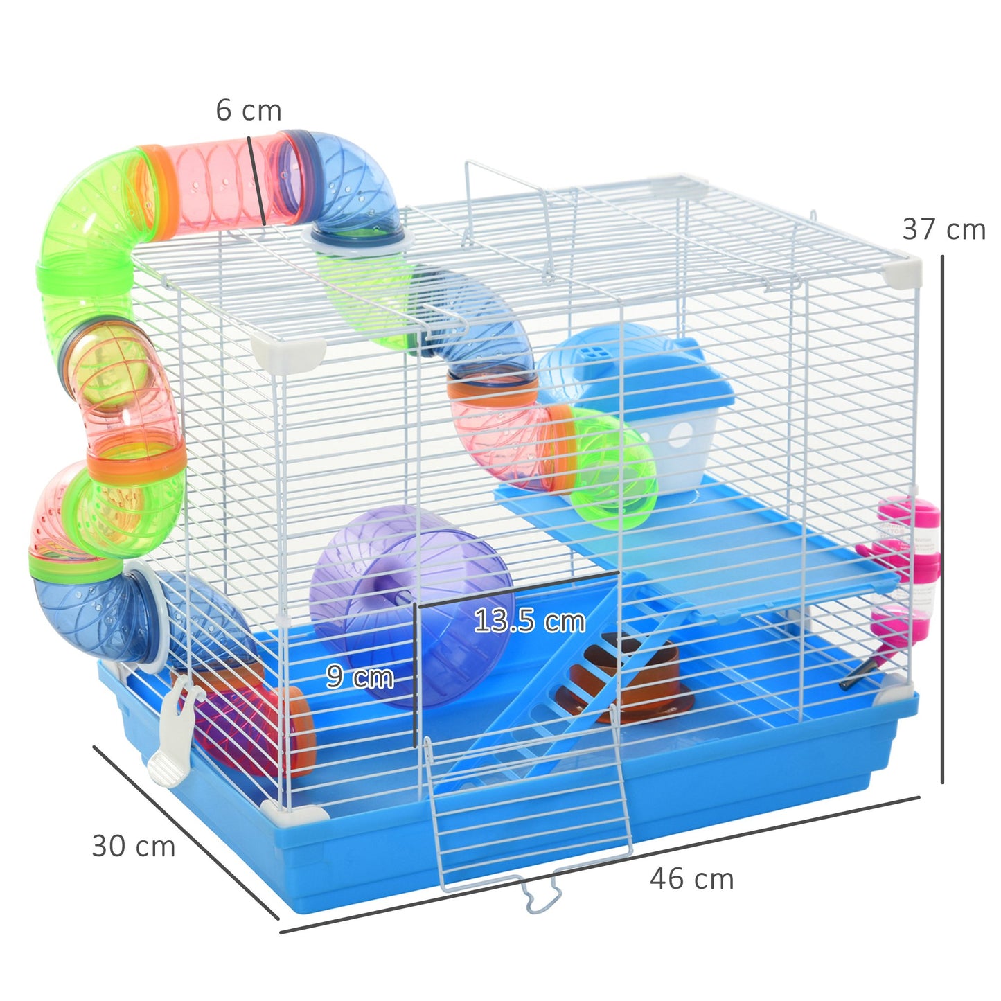 Pawhut 2 Tier Hamster Cage Carrier Habitat Small Animal House with Exercise Wheels Tunnel Tube Water Bottle Dishes House Ladder for Dwarf Mice, Blue w/