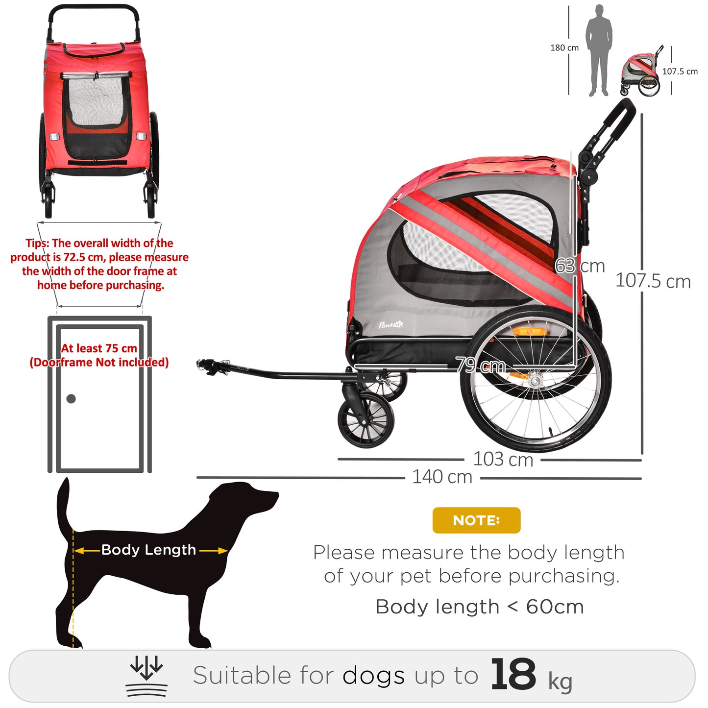 PawHut Dog Bike Trailer 2-in-1 Pet Stroller Cart Bicycle Carrier Attachment for Travel in steel frame with Universal Wheel Reflectors Flag Red w/