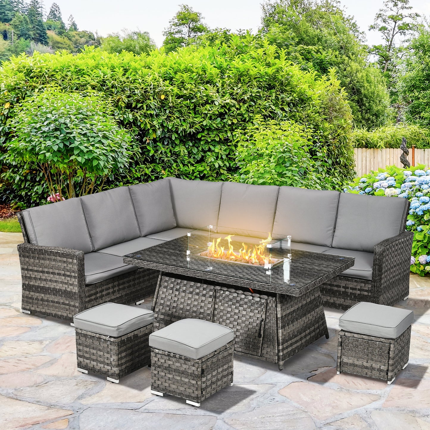 Outsunny 7 Pieces PE Rattan Garden Furniture Set, 50,000 BTU Gas Fire Pit Table, Double Corner Sofa and 3 Footstools, 6 Seater Furniture Sofa Sets with Cushions for Conservatory, Grey