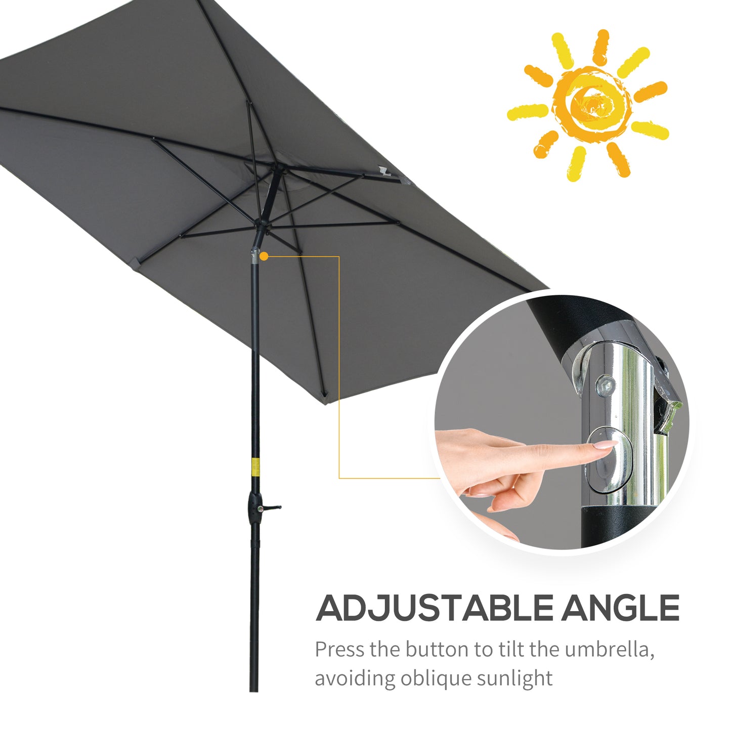 Outsunny 2 x 3m Rectangular Market Umbrella Patio Outdoor Table Umbrellas with Crank & Push Button Tilt, Dark Grey