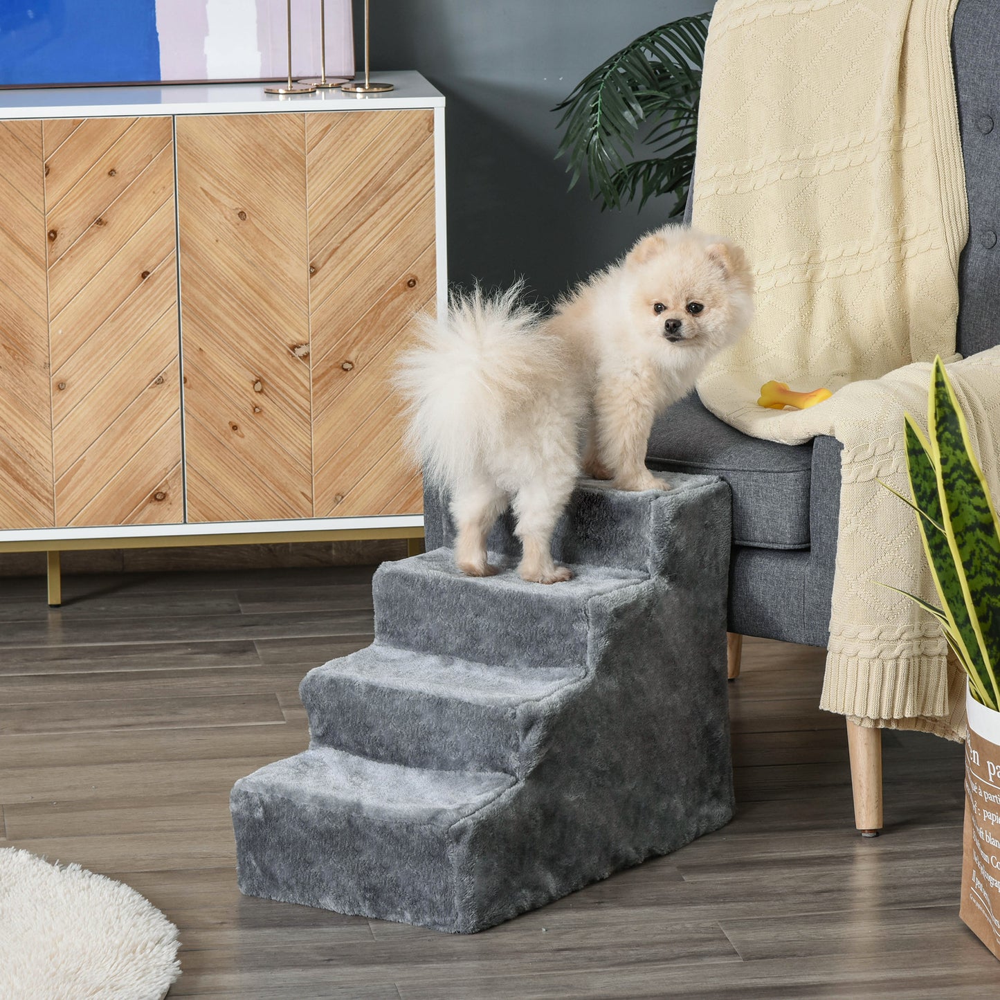 PawHut Four-Step Dog Stairs, with Washable Plush Cover, for High Bed Sofa, Dog Stairs for Small Dog and Cat - Light Grey