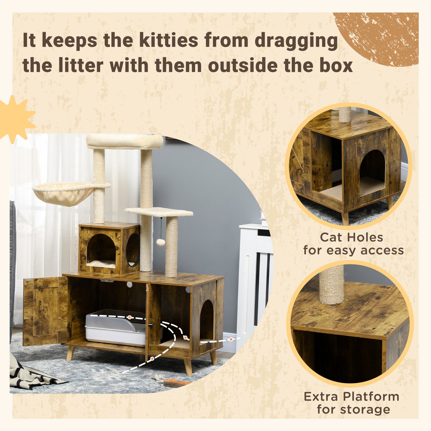 PawHut Cat Litter Box Enclosure, with Tree Tower, Cat House, Hammock, Cushion - Rustic Brown