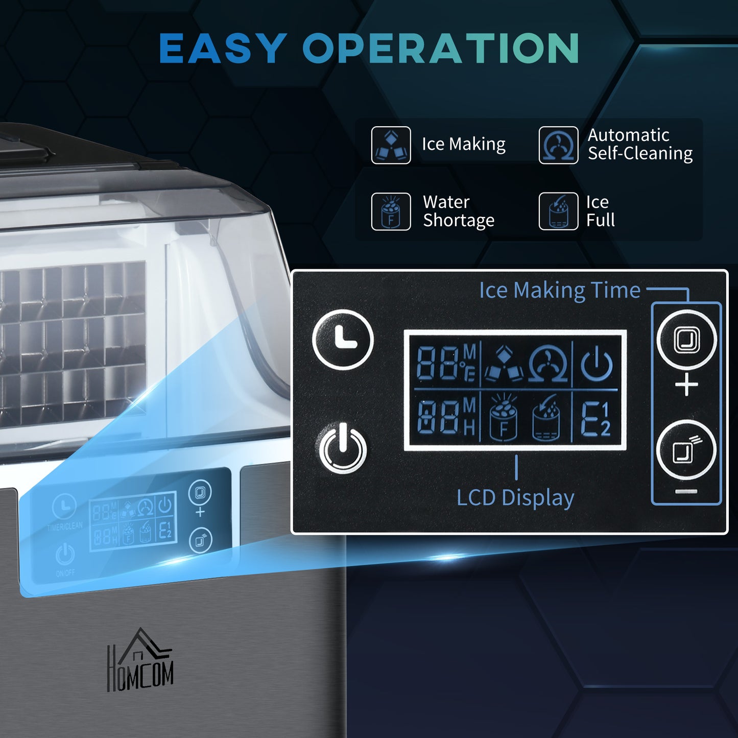 HOMCOM Ice Maker Machine Countertop, 20Kg in 24 Hrs, 24 Cubes Ready in 14-18Mins, Stainless Steel Portable Ice Cube Maker, 3.2L w/ Adjustable Cube Size, Self-Cleaning, Scoop, Basket for Home, Black