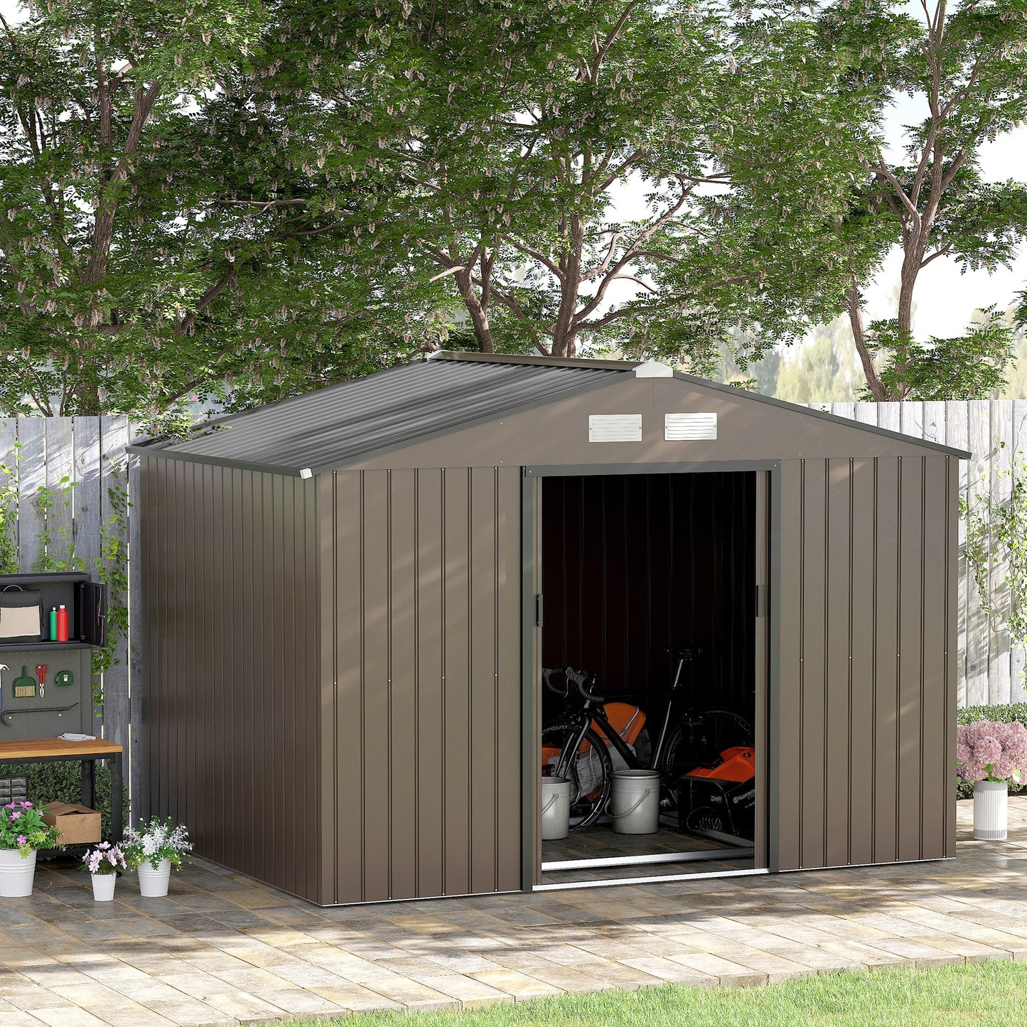 Outsunny 9 x 6ft Metal Garden Shed, with Double Door - Brown