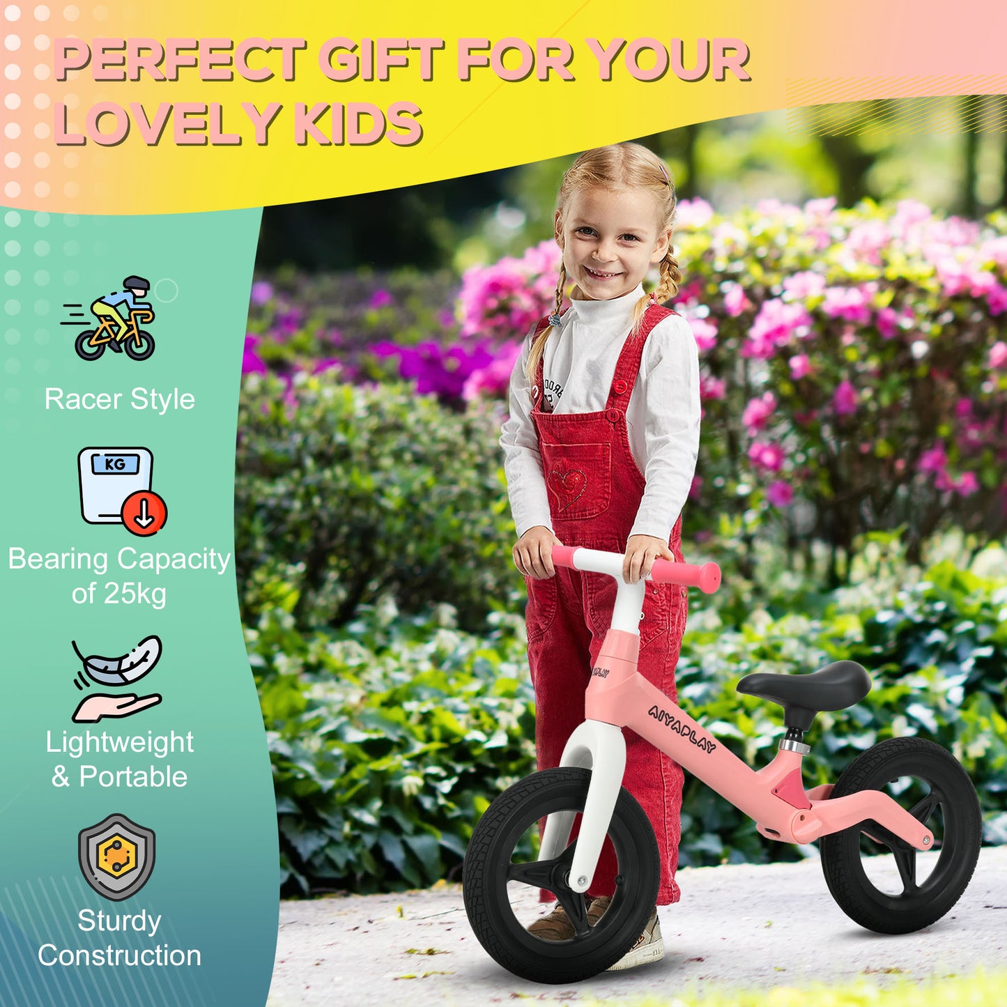 AIYAPLAY Balance Bike with Adjustable Seat and Handlebar, PU Wheels, No Pedal, for Ages 30-60 Months -Pink