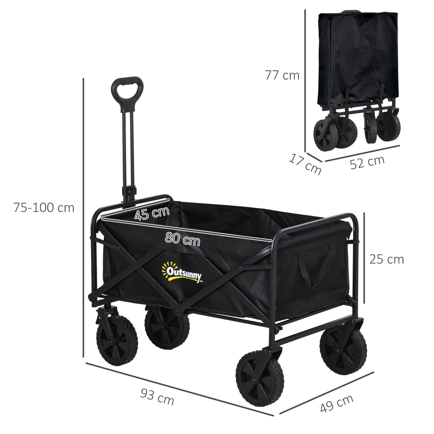 Outsunny Folding Pull Along Cart Cargo Wagon Trolley with Telescopic Handle - Black