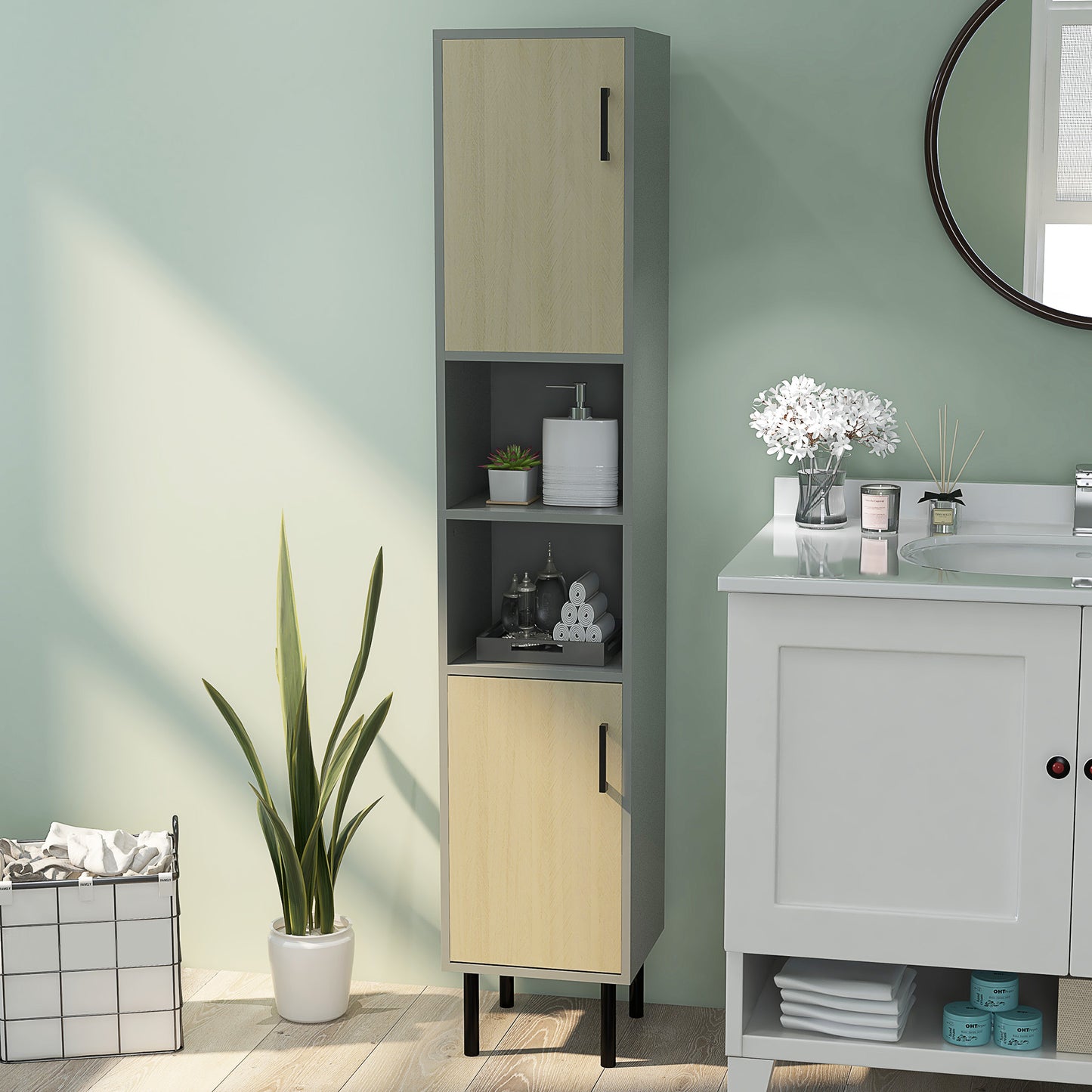 kleankin Freestanding Bathroom Storage, Tall Bathroom Cabinet with Door and Adjustable Shelves, 31.4x30x165cm