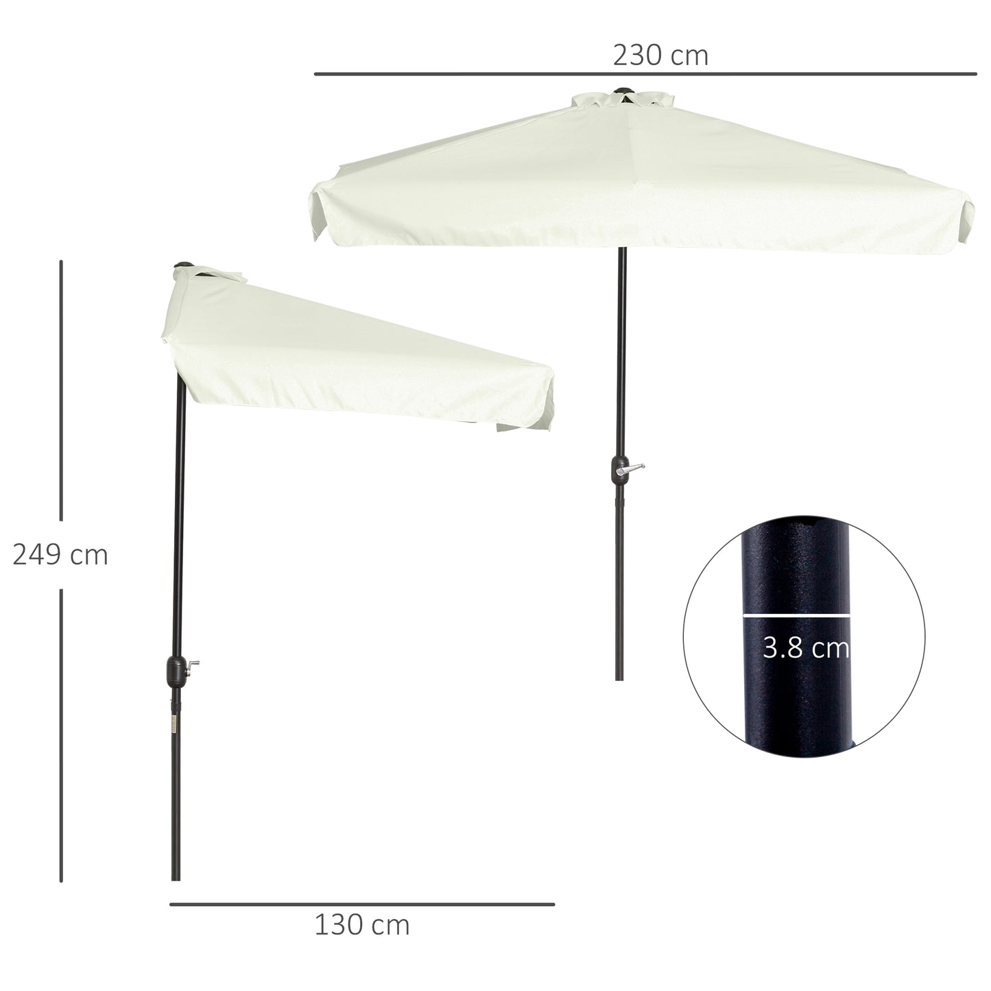 Outsunny 2.3m Half Round Parasol Umbrella Balcony Metal Frame Outdoor NO BASE Cream White