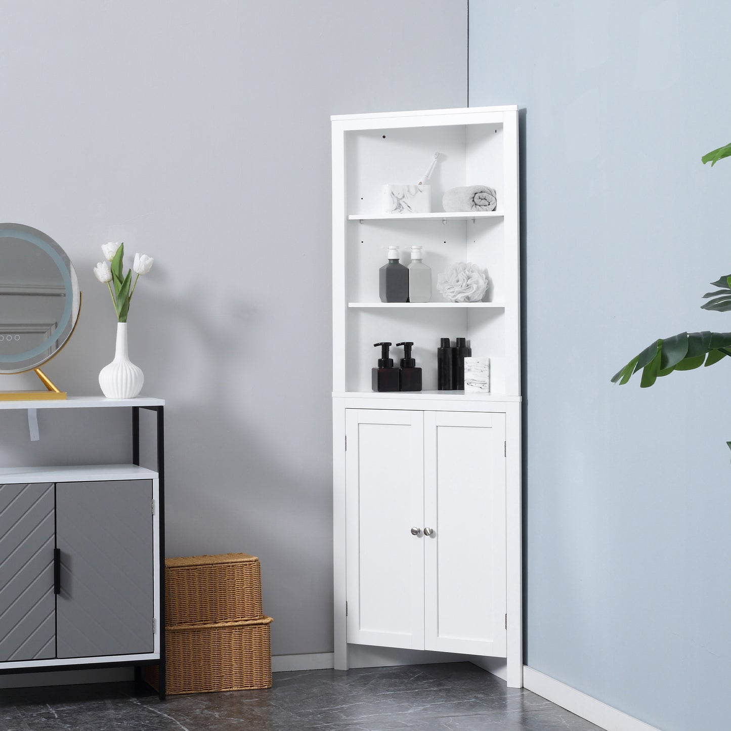 kleankin Triangle Bathroom Cabinet, Corner Bathroom Storage Unit with Cupboard and 3-Tier Shelves, Free Standing, White